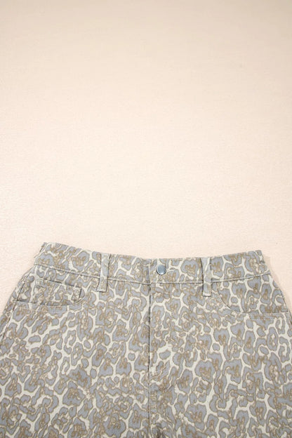 Raw Edge Leopard Print Denim Shorts