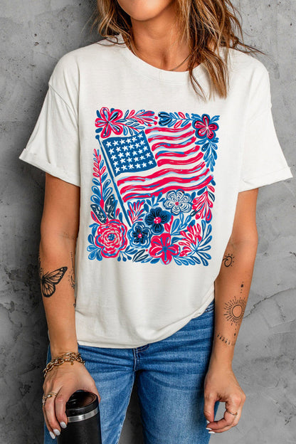 White Floral Flag Aesthetics Patriotic Graphic T Shirt
