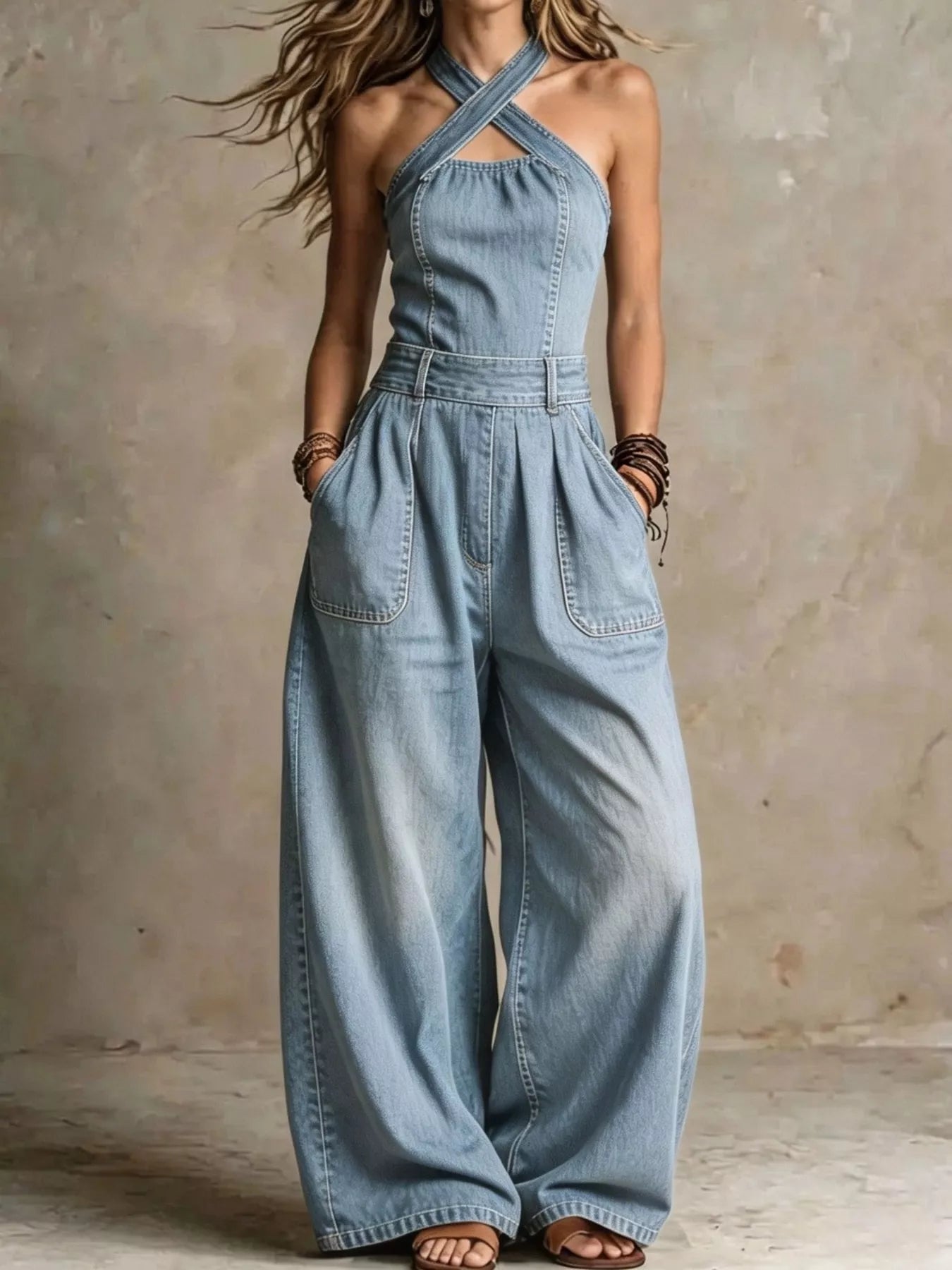 Full Size Wide-Leg Crisscross Denim Jumpsuit Plus Size