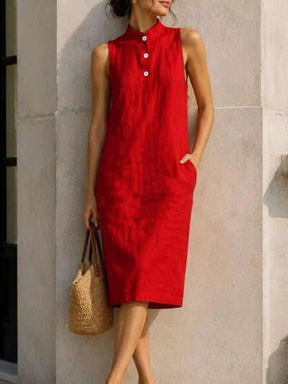 Button Detail Sleeveless Midi Dress