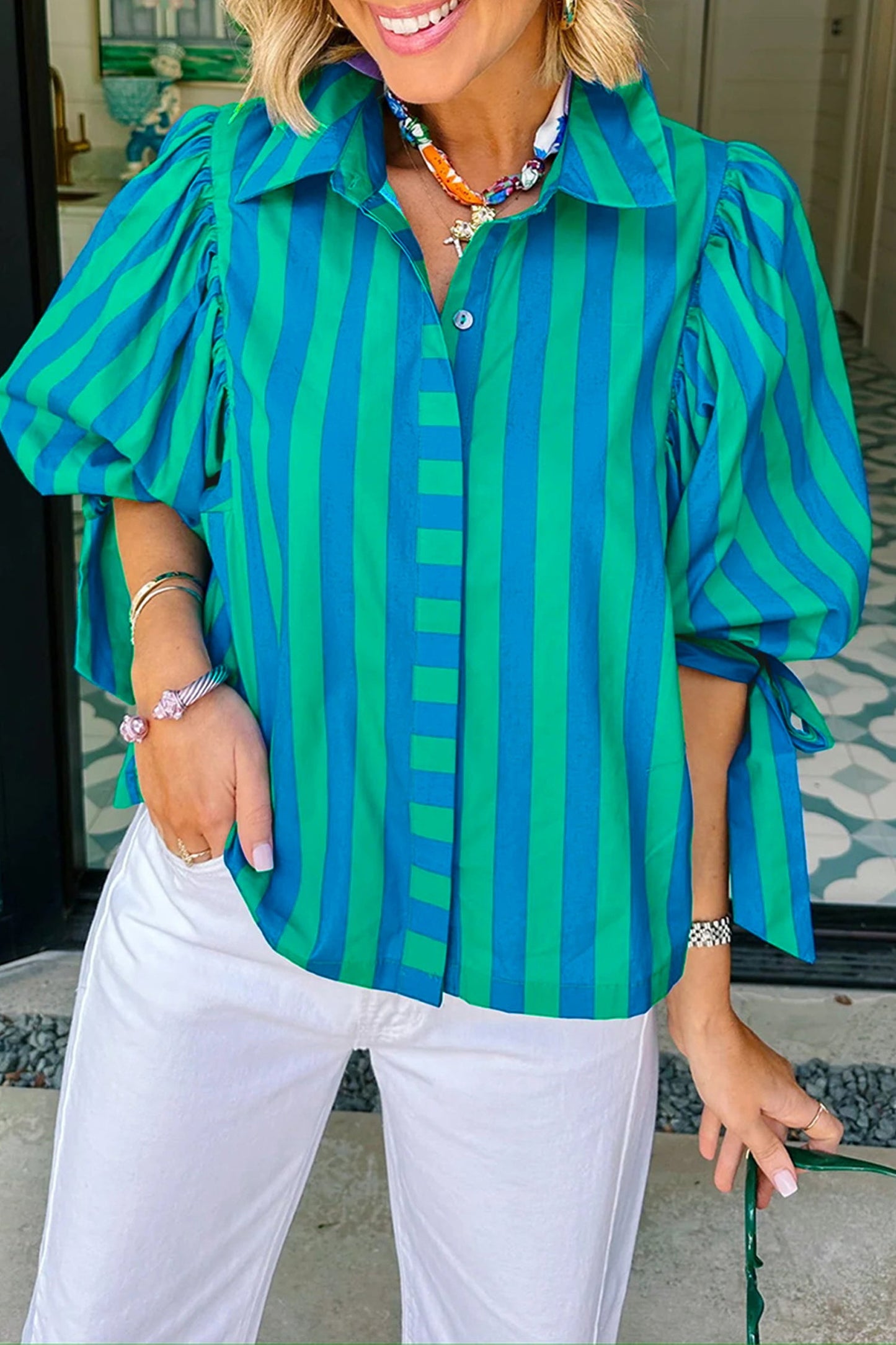 Blue Stripe Tie Puff Sleeve Womens Button Down Shirt