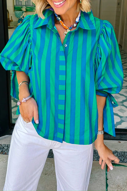 Blue Stripe Tie Puff Sleeve Womens Button Down Shirt
