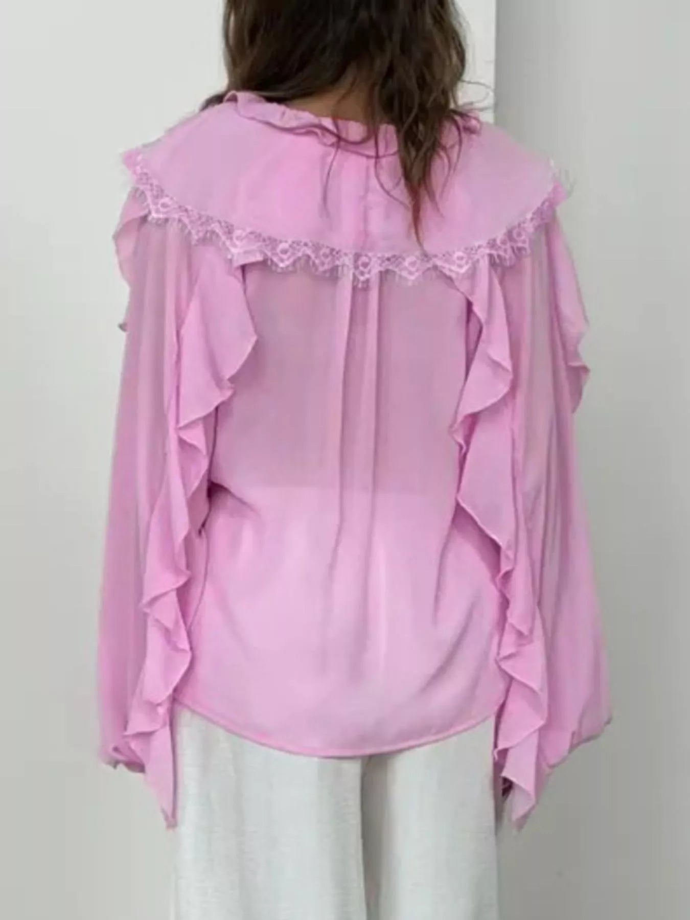 V-Neck Ruffled Lace Trim Blouse
