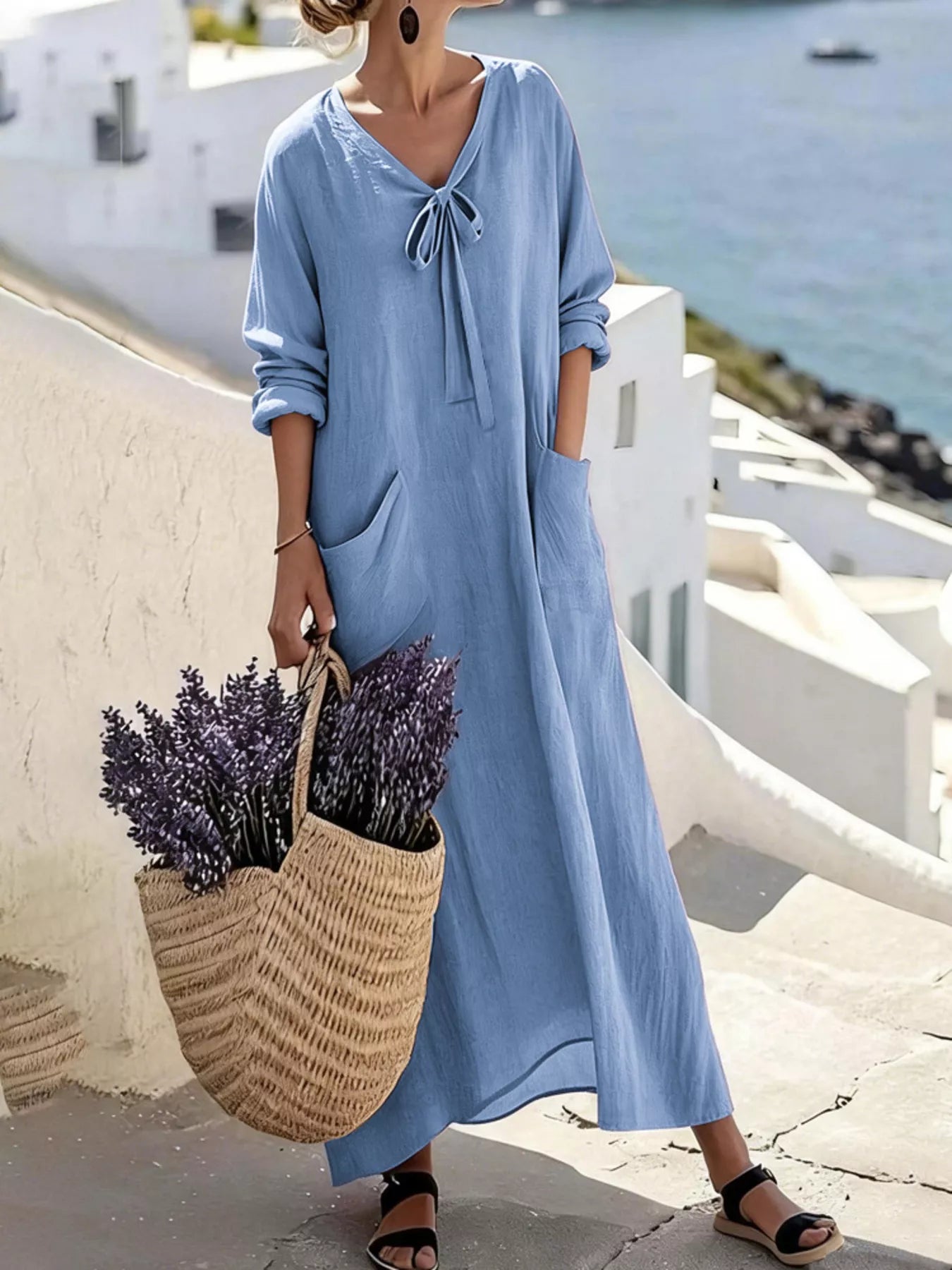 Full Size Long Sleeve Loose Maxi Dress with Pockets Plus Size
