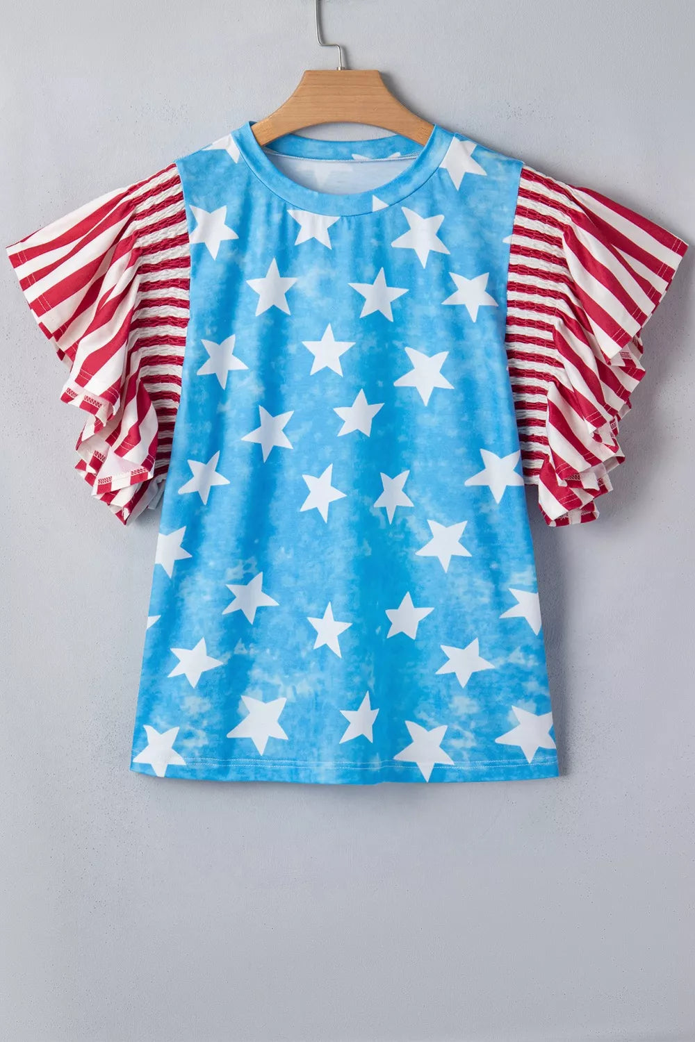 Vintage Star Print Striped Ruffle Sleeve Independence Day Top