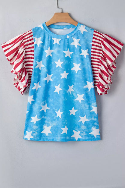 Vintage Star Print Striped Ruffle Sleeve Independence Day Top