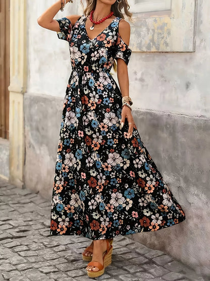 Cold Shoulder Floral Print Maxi Dress