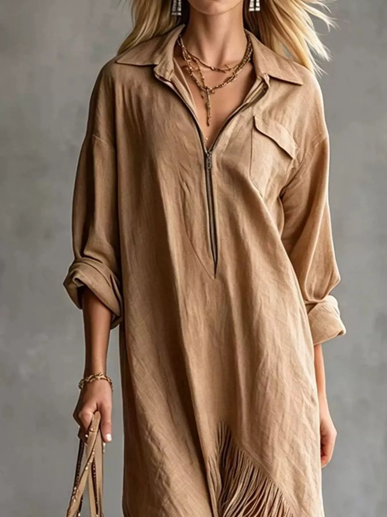 Fringe Hem Zip-Up Shirt Dress