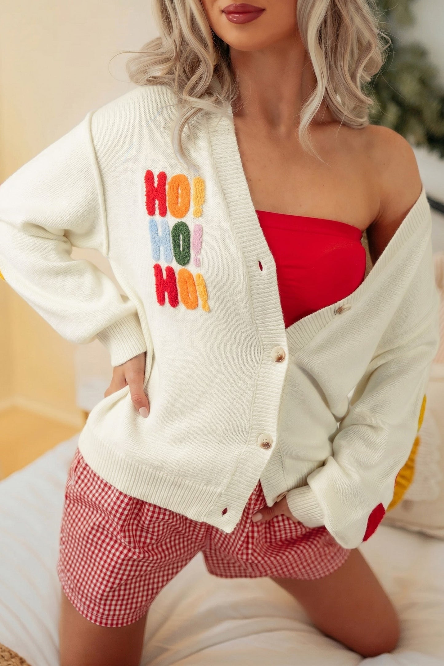 White Ho Ho Ho Slogan V Neck Button Front Embroidered Knit Cardigan