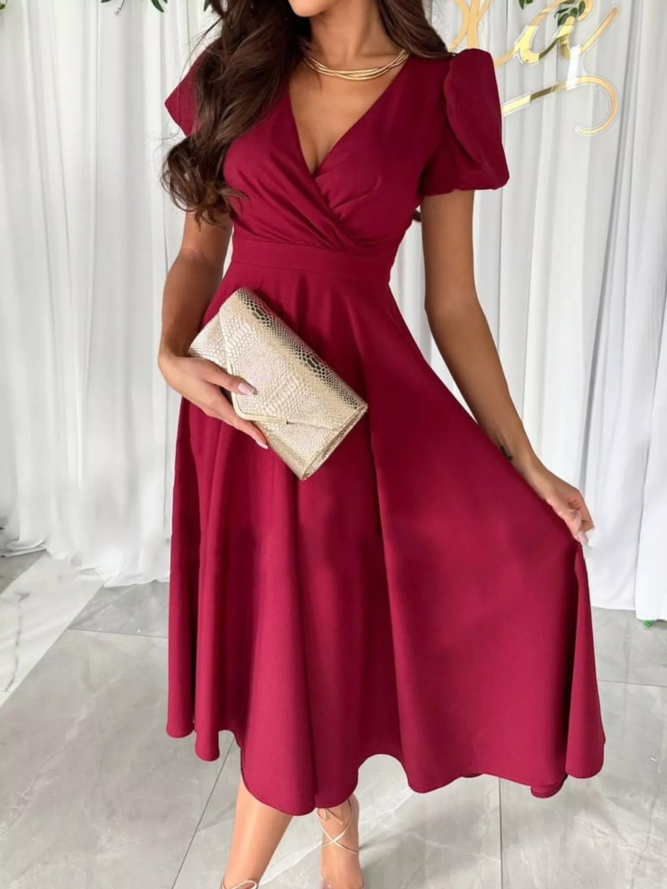 Surplice Puff Sleeve Midi Dress