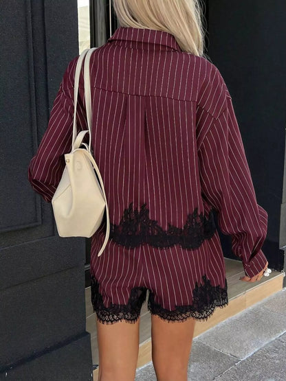 Lace Trim Striped Button-Down Shirt and Shorts Set