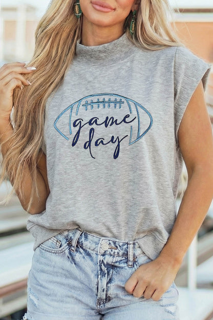 Light Grey Embroidered Game Day Football High Neck Short Sleeve Top