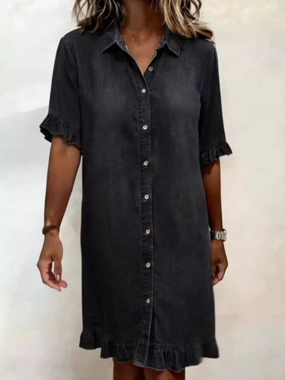 Full Size Ruffled Hem Denim Shirt Dress Plus Size