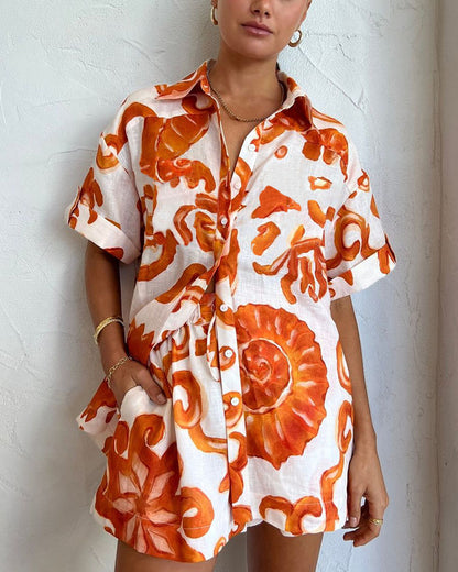 Orange Art Graffiti Print Casual Two-piece Set