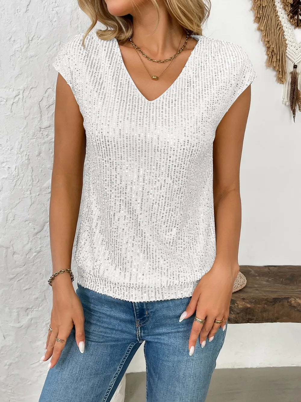 Sequin V-Neck Cap Sleeve Top
