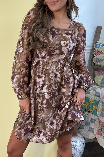 Abstract Floral Print Square Neck Long Sleeve Mini Shift Dress