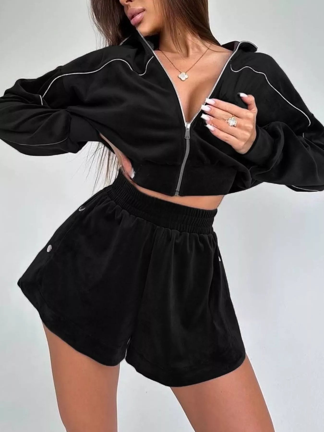 Zip-Up Outerwear and Shorts Set