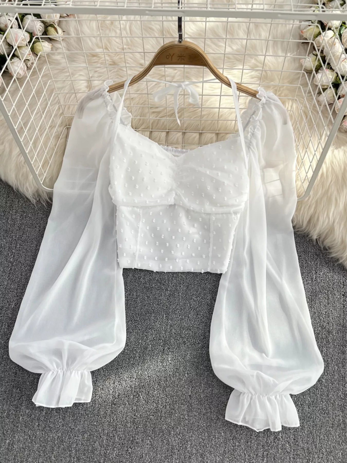 Swiss Dot Flounce Sleeve Blouse