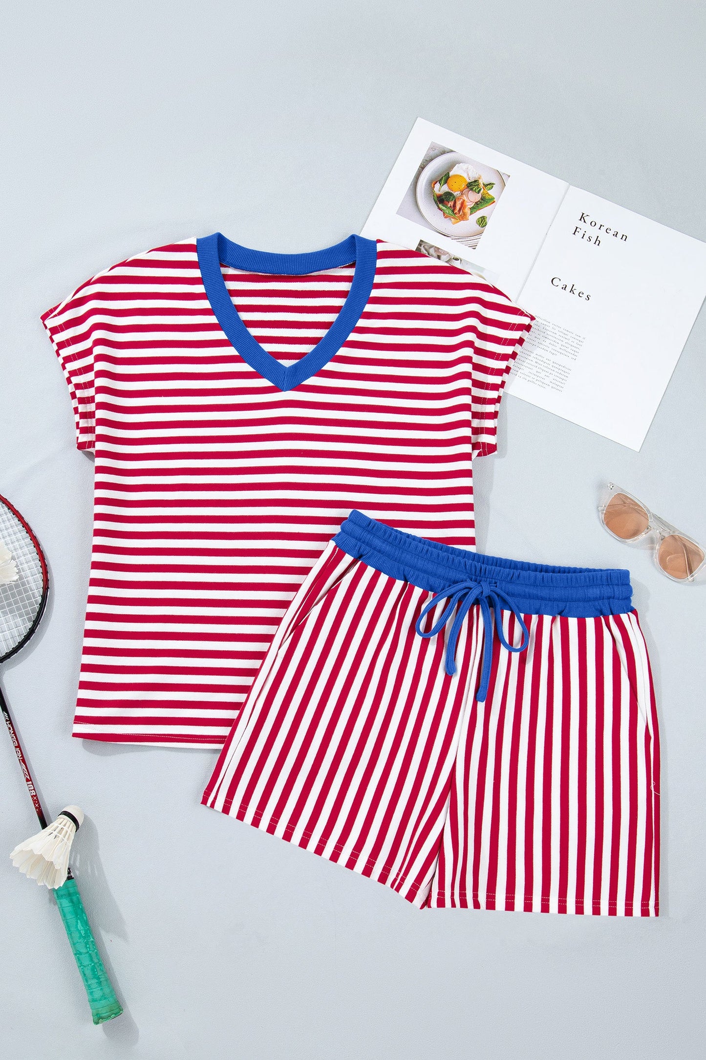 Yellow Stripe Colorblock Trim V Neck Tee Drawstring Elastic Waist Short Set