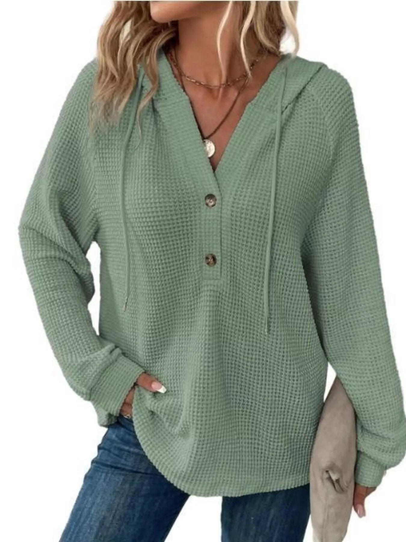 Full Size Waffle Knit Half-Button Hoodie Plus Size