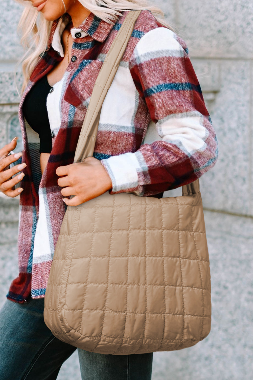 Blue Zone Planet | Light French Beige Quilted Zipper Large Shoulder Bag