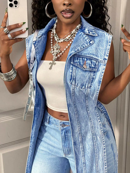 High-Low Open Front Denim Vest