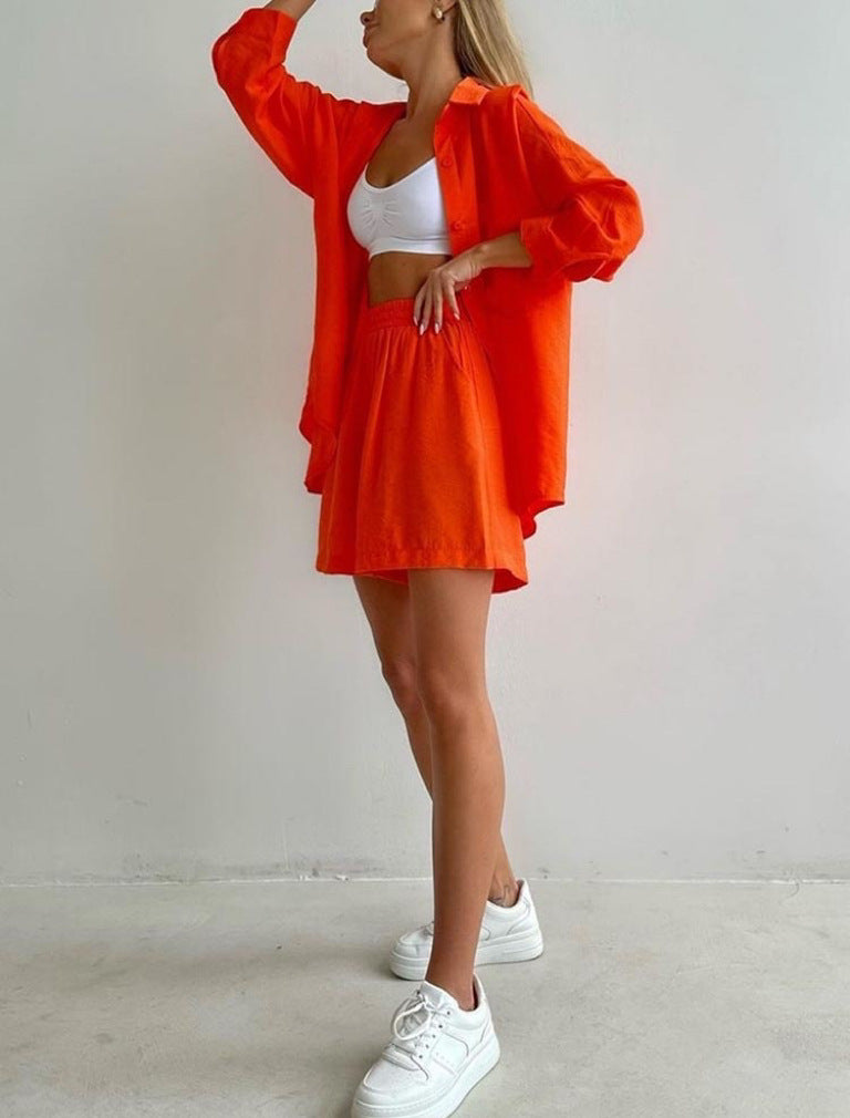 Fashion Solid Color Long Sleeves Shirt Loose Shorts Suit