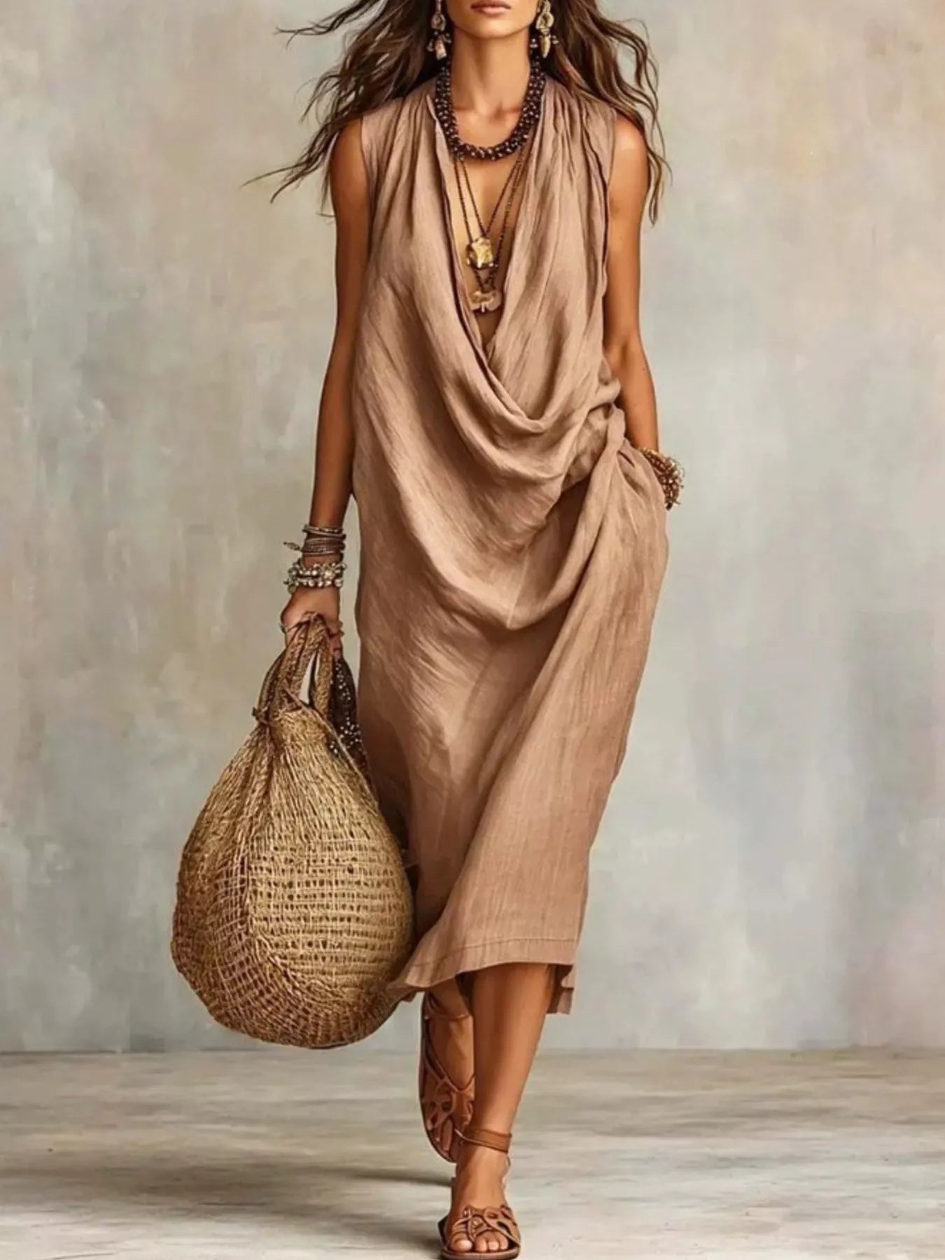 Full Size Cowl Neck Sleeveless Midi Dress Plus Size