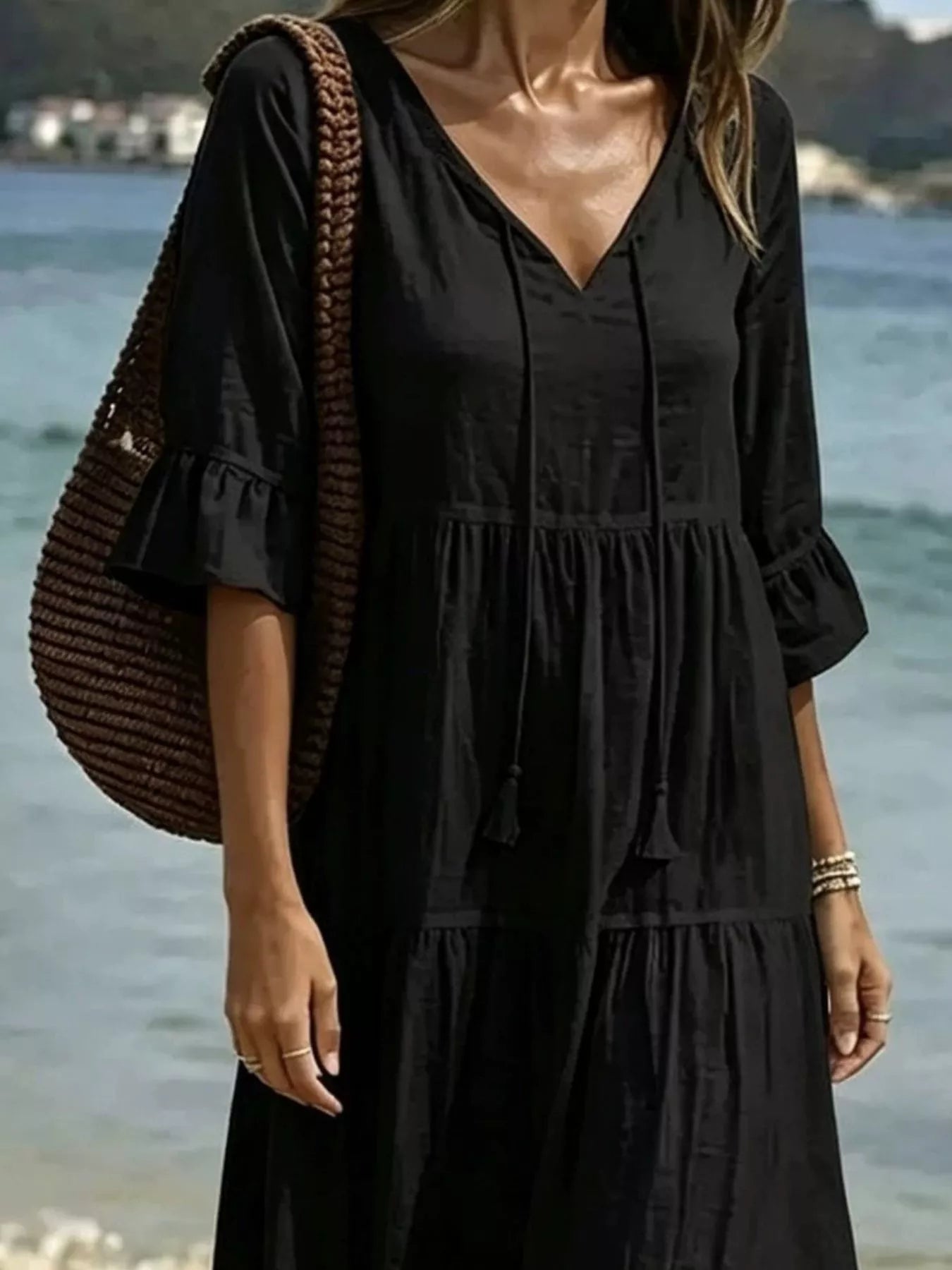 Full Size Tiered Tie Neck Flounce Sleeve Dress Plus Size