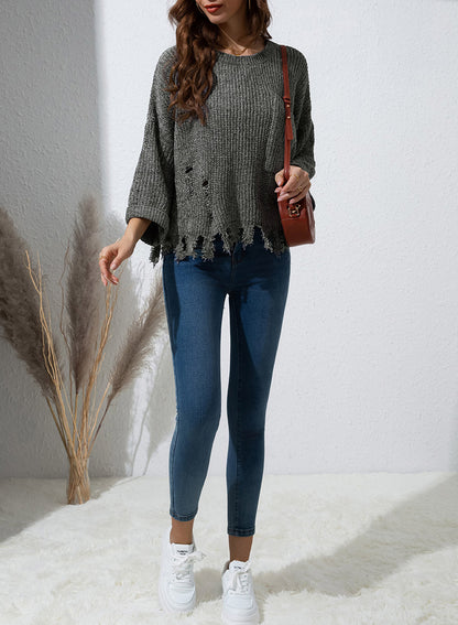 Blue Zone Planet | Distressed Round Neck Drop Shoulder Sweater