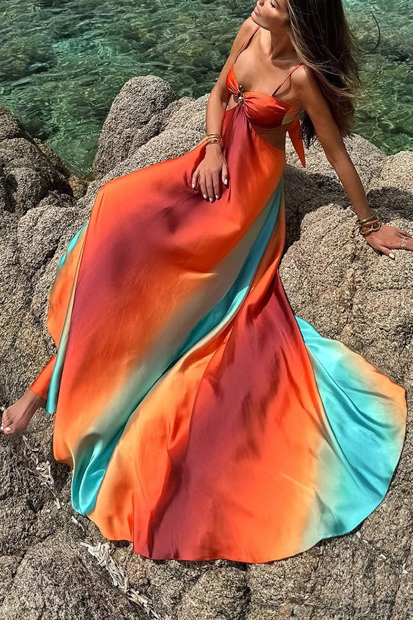 Robe longue de vacances à imprimé coucher de soleil fluo, avec découpes dans le dos et liens à nouer