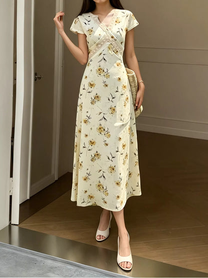 Floral V-Neck Midi Dress with Lace Trim