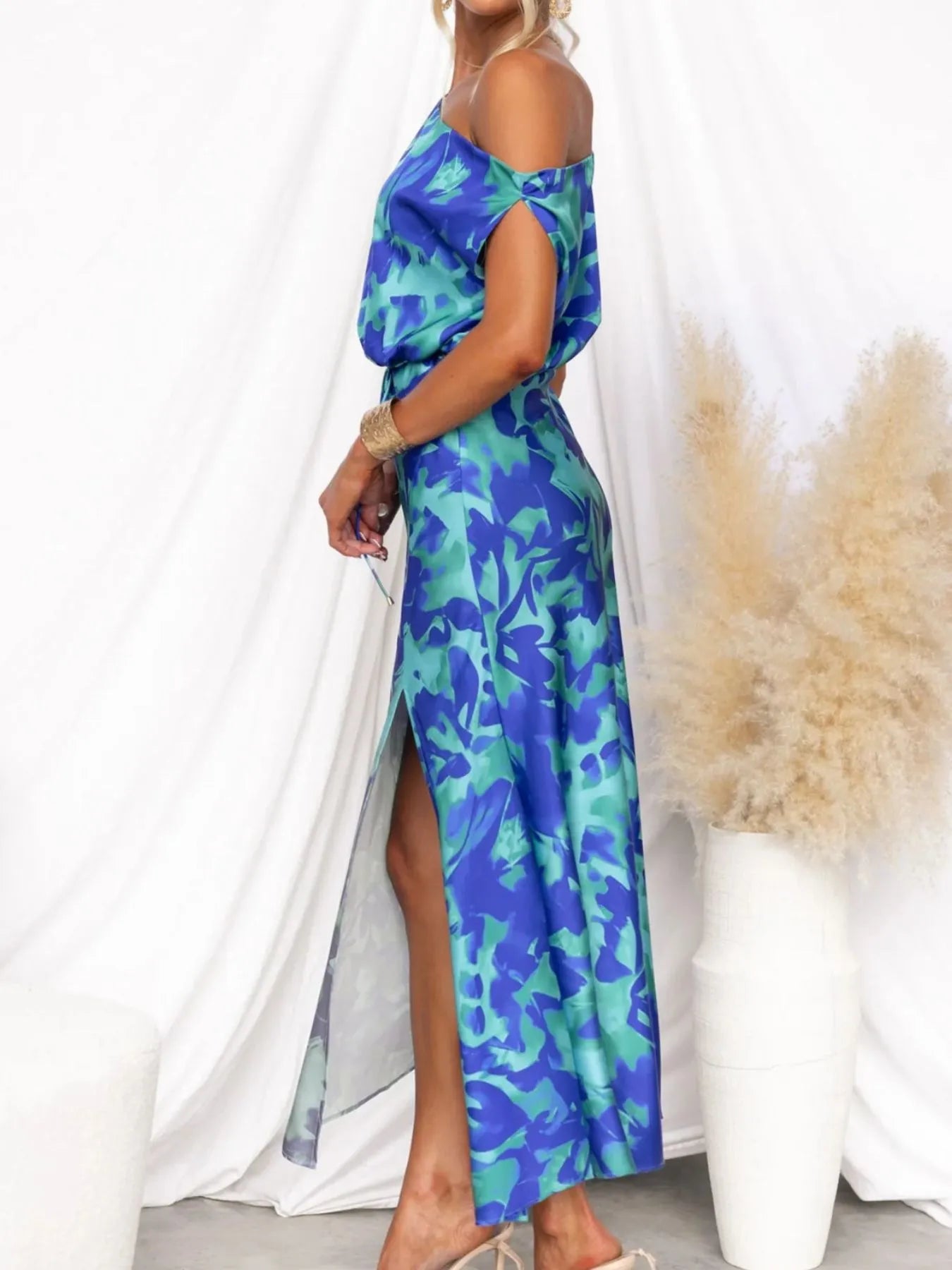 One Shoulder Printed Dress with Slit