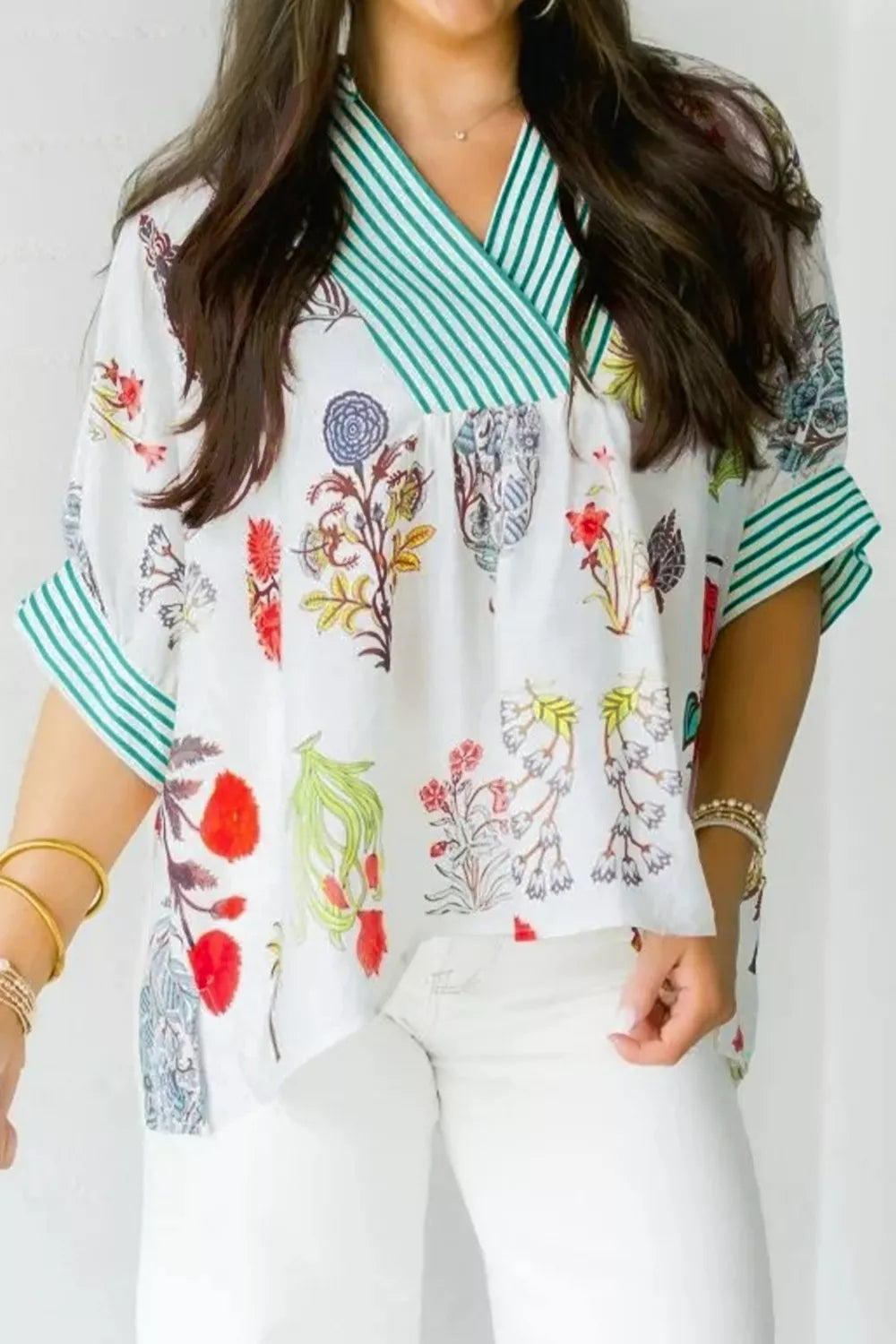 Floral Print Striped Contrast Trim V Neck Half Sleeve Blouse
