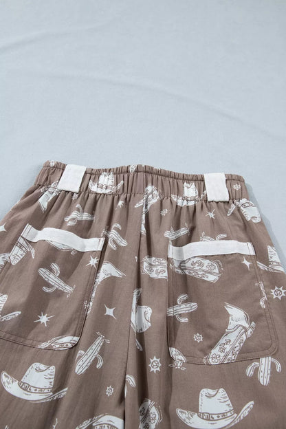 Western Cactus Cowgirl Hat Boot Printed Vintage Drawstring Jogger Pants