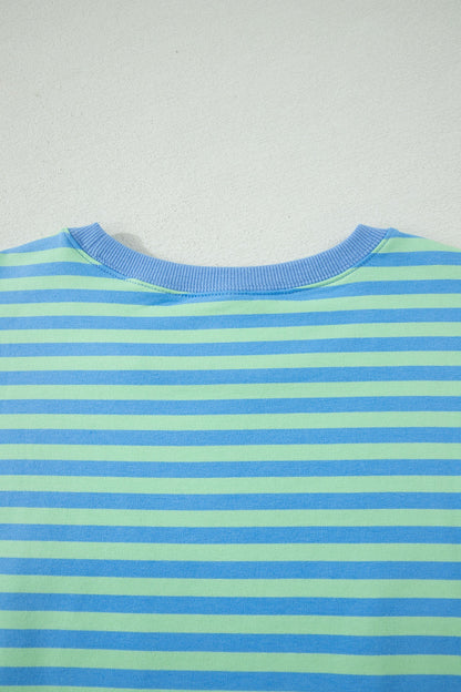 Green Stripe Striped Ribbed Cotton Two-Piece Pant Set with Chest Patch Detail