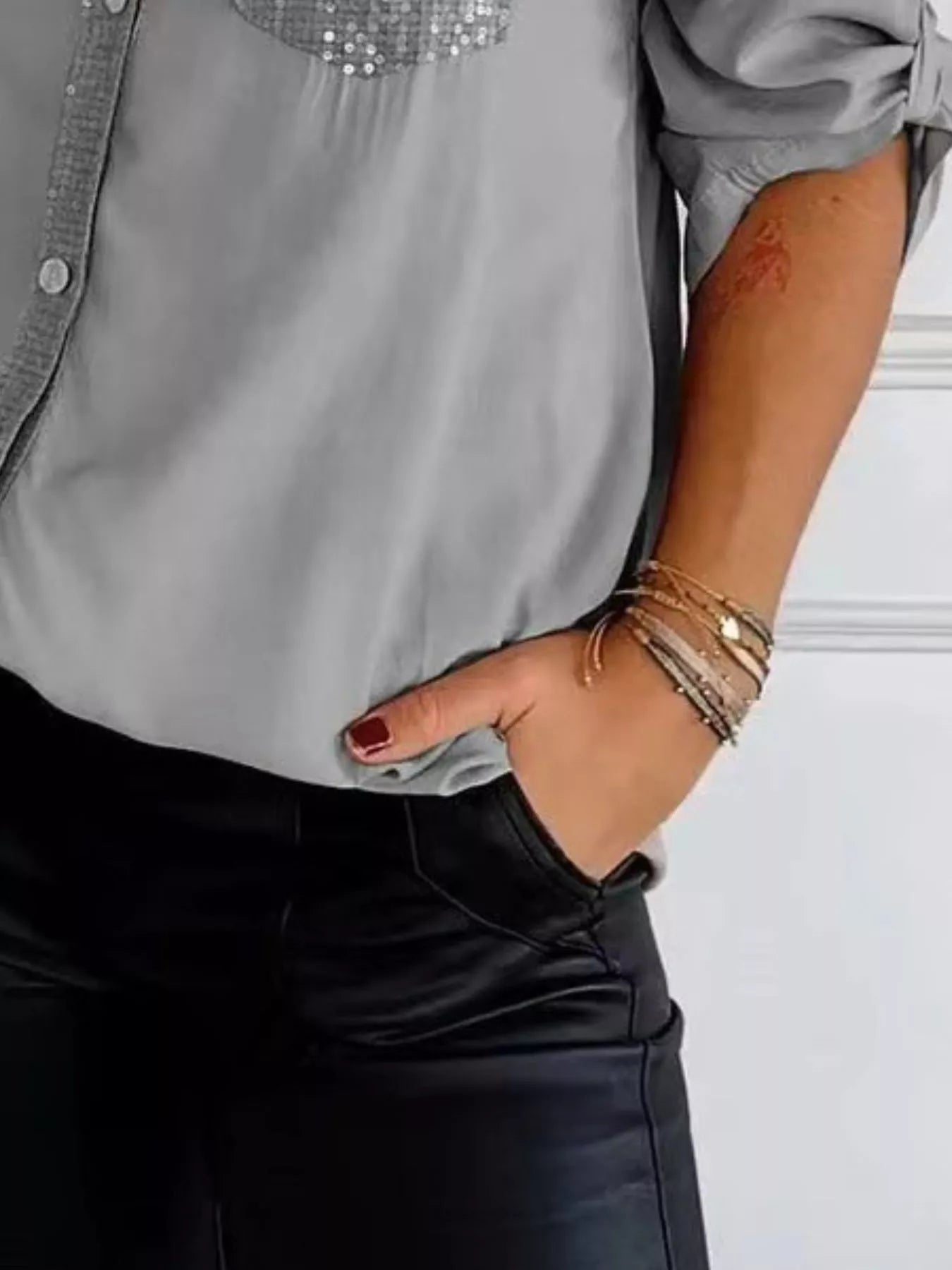 Full Size Sequin Detail Button-Down Shirt Plus Size