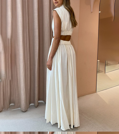 Chic Stand Collar Sleeveless Sexy Waist Maxi Dress