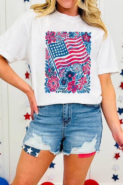 White Floral Flag Aesthetics Patriotic Graphic T Shirt