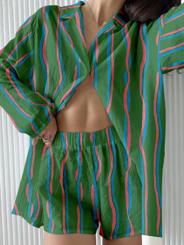 Contrast color striped casual two-piece set