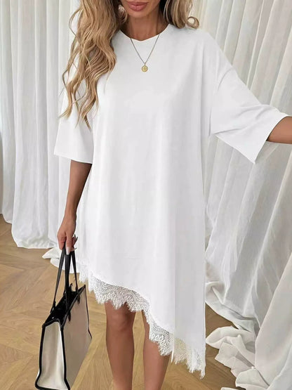 Lace Trim Asymmetrical Hem T-shirt Dress