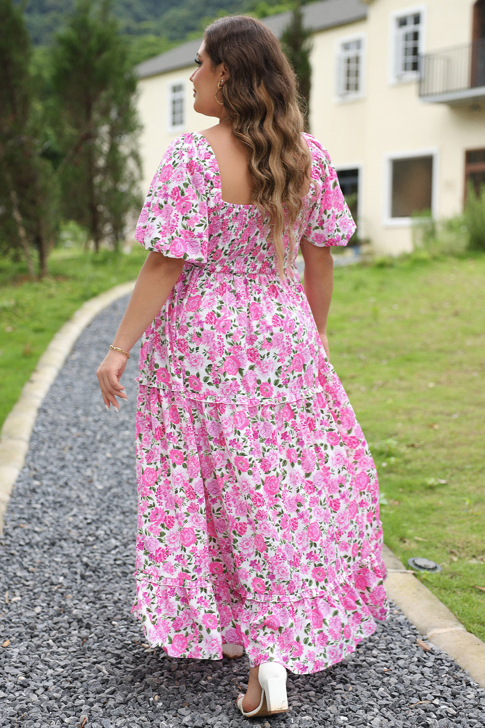Blue Zone Planet | Pink Plus Size Floral Print Smocked Puff Sleeve Dress
