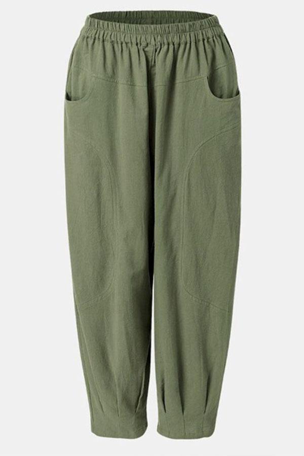 Casual Solid Paneled Side Pockets Elastic Folds Harem Pants