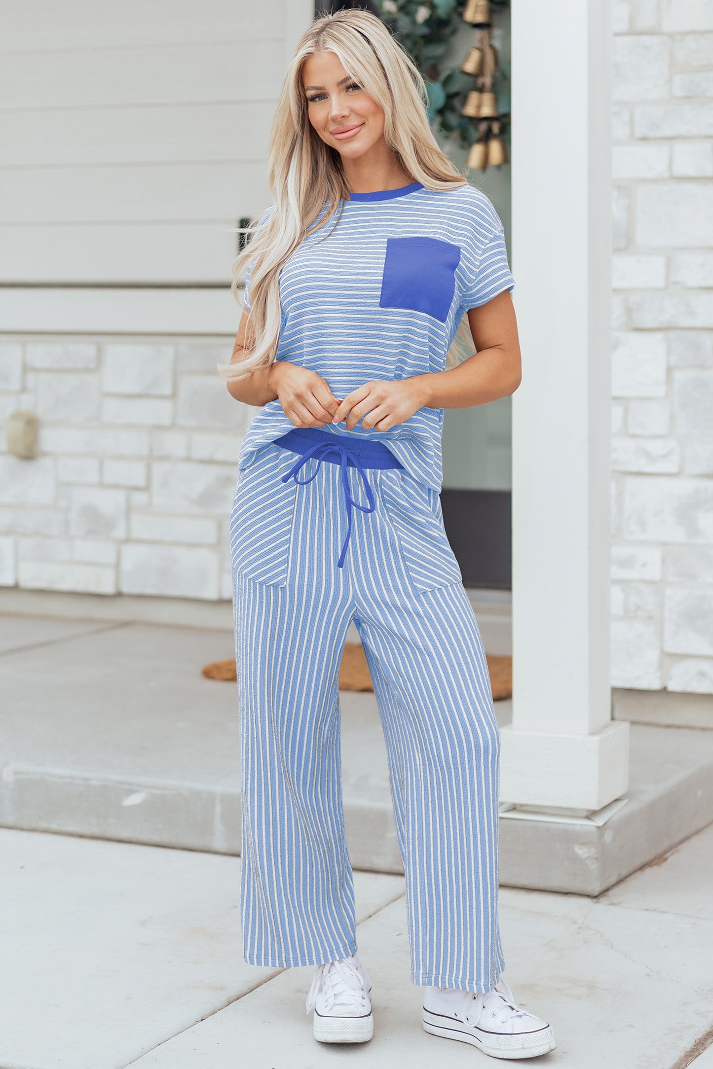 Sky Blue Stripe Crew Neck Tee Drawstring Waist Cropped Pants Set