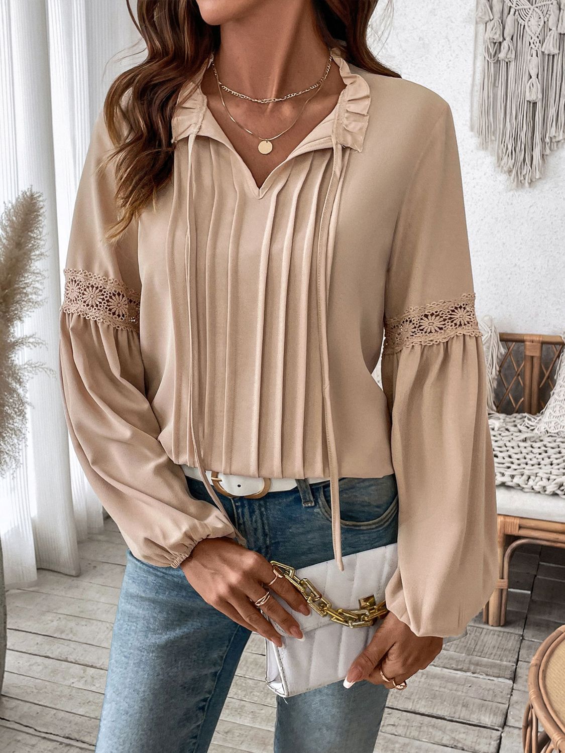 Blue Zone Planet | Perfee Frill Tie Neck Long Sleeve Blouse