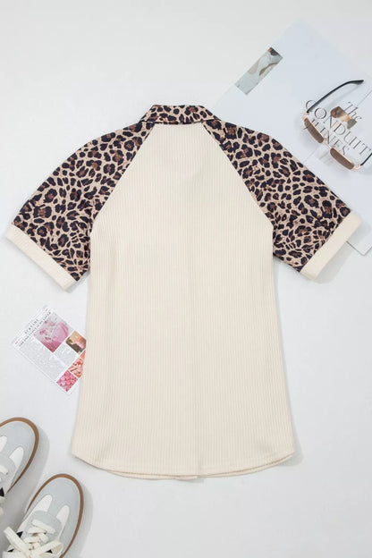 Ribbed Texture Button Down Leopard Patchwork Short Sleeve Shirt