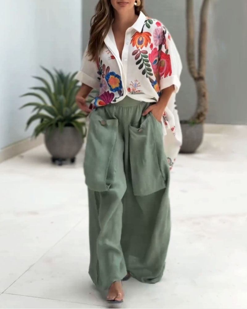 Casual Printed Shirt & Pocket Pants Two-Piece Set