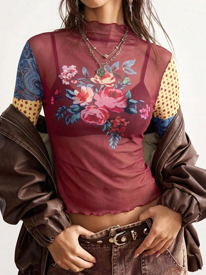 Floral Print Mesh Mock Neck Long Sleeve Top
