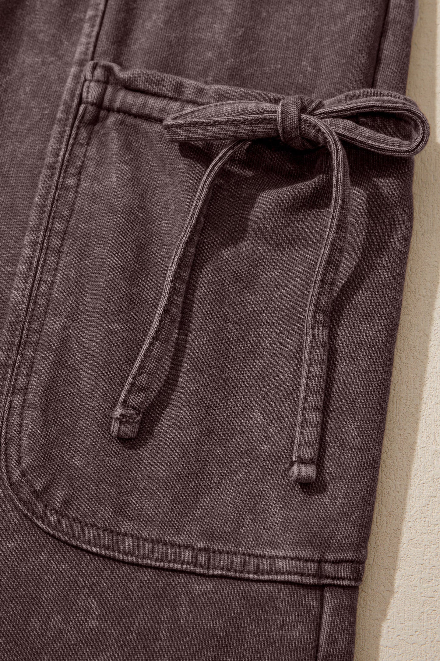 Dark Brown Cotton Mineral Wash Elastic Waist Drawstring Tie Detail Cargo Pants