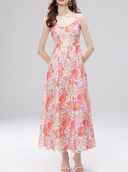 Floral Lace Sleeveless V-Neck Midi Dress